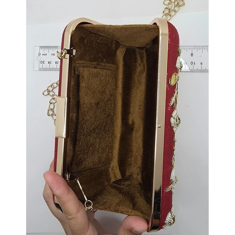 Red Beaded Floral Box Clutch Evening Bag Gold Chain Strap Wedding Prom Party